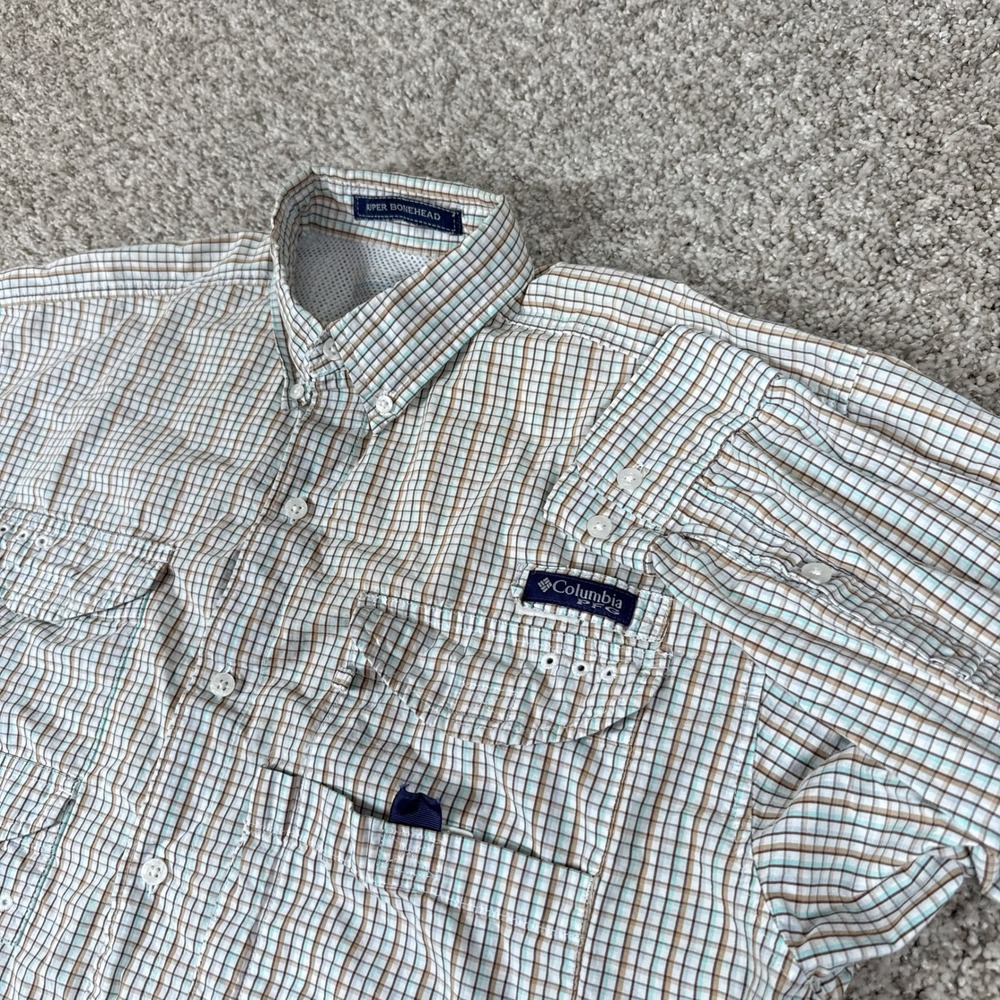 Columbia PFG Shirt Mens Large Tan Blue Plaid Super Bonehead Vented Fishing